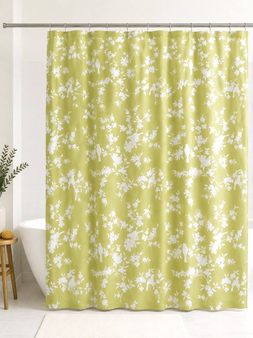 Springmaid Bird Floral Shower Curtain Green White Cotton Cottage Farmhouse